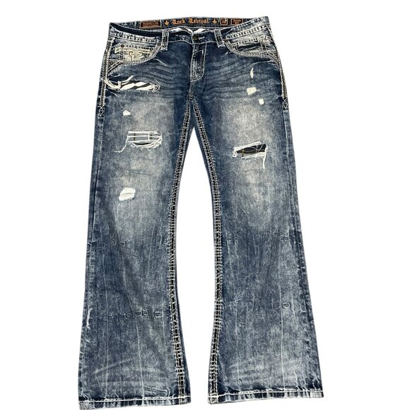 Rock Revival Jeans Donato Boot Cut Distressed Thick Stitch Embroidered Men's 38 - Picture 1 of 9